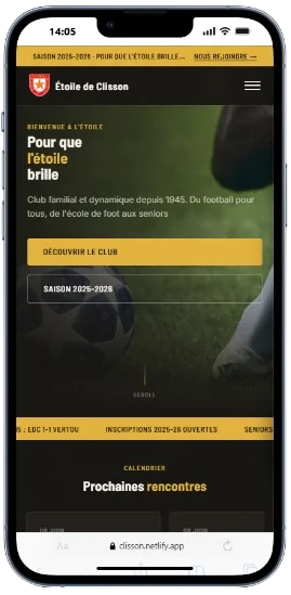 Le même site de club, parfaitement lisible sur téléphone